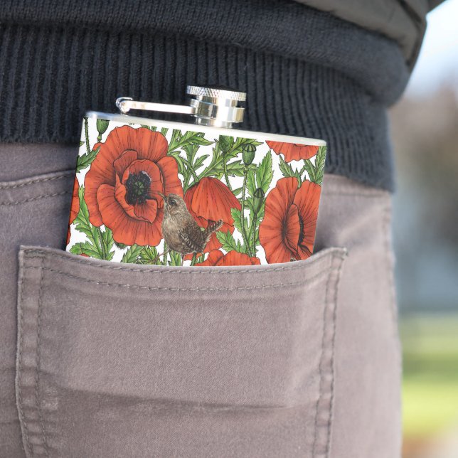 Red poppies and wrens, green leaves on white flask (In Situ)
