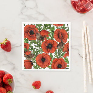 Red poppies and wrens, green leaves on white napkins