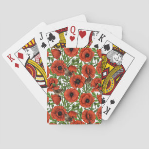 Red poppies and wrens, green leaves on white poker cards