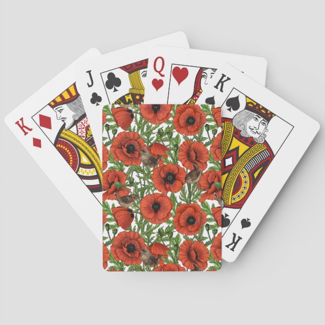 Red poppies and wrens, green leaves on white poker cards (Back)