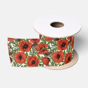 Red poppies and wrens, green leaves on white satin ribbon