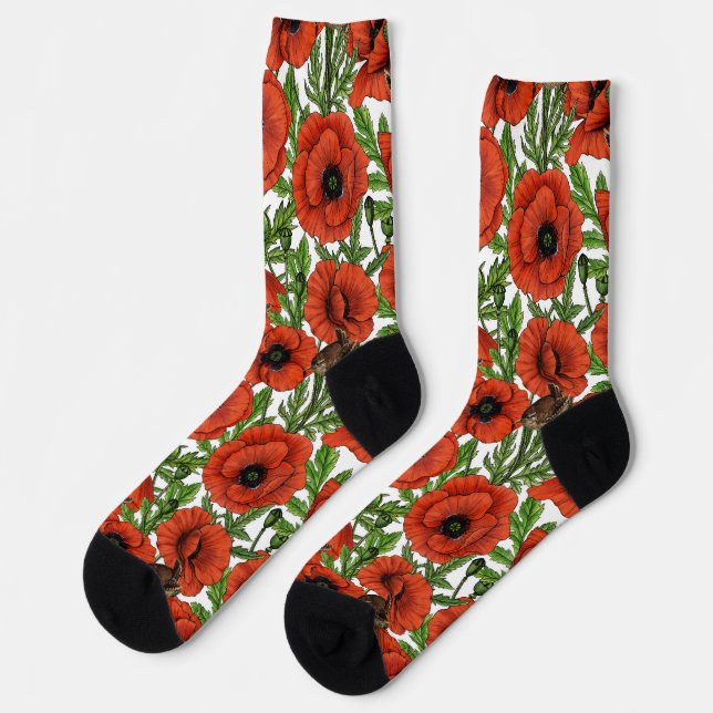 Red poppies and wrens, green leaves on white socks (Left)
