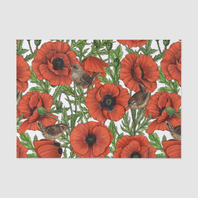 Red poppies and wrens, green leaves on white tissue paper (Front)