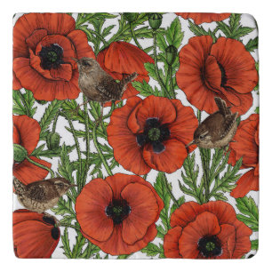 Red poppies and wrens, green leaves on white trivet