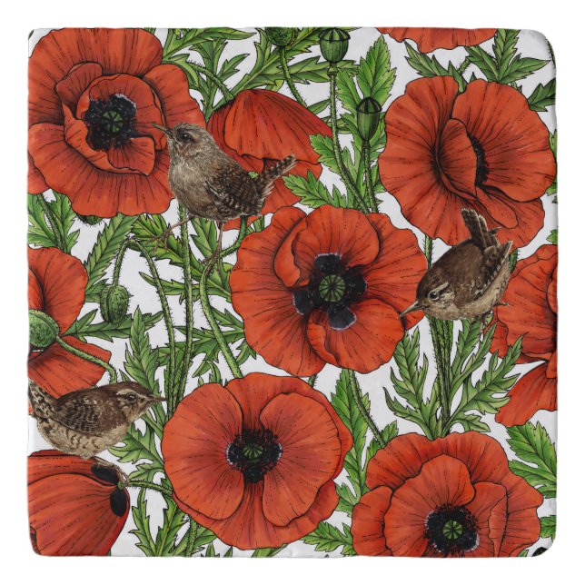 Red poppies and wrens, green leaves on white trivet (Front)