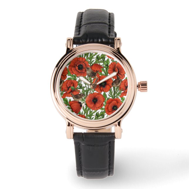 Red poppies and wrens, green leaves on white watch (Front)