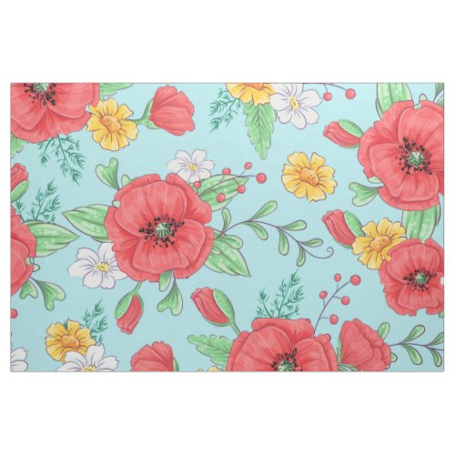 Red poppies and yellow daisies floral pattern fabric