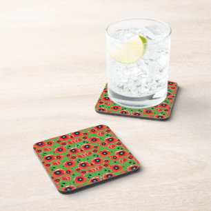 Red Poppies Apple Green Beverage Coaster