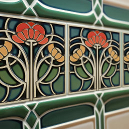 Red Poppies Art Deco Floral Wall Decor Art Nouveau Ceramic Tile