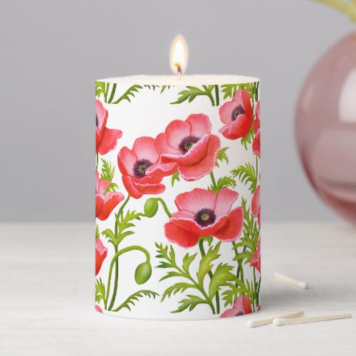 Red Poppies Art Pillar Candle