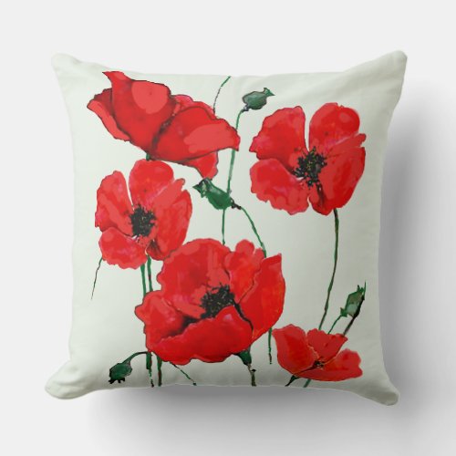 Red Poppies Art with Stems and Buds Throw Pillow