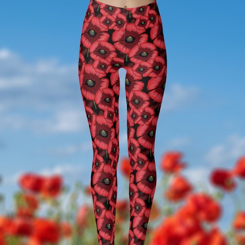 Red Poppies August Birth Flower Pattern Leggings