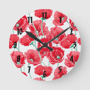 Red Poppies Back to School Dorm Essentials Round Clock