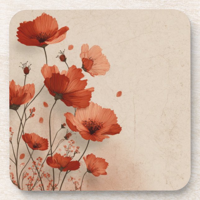 Red poppies beverage coaster (Front)