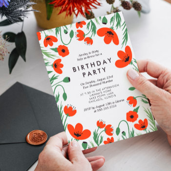 Red Poppies Birthday Party Invitation by Paperpaperpaper at Zazzle