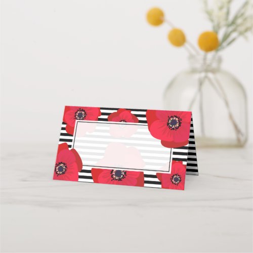 Red Poppies  Black and White Stripes Wedding Place Card