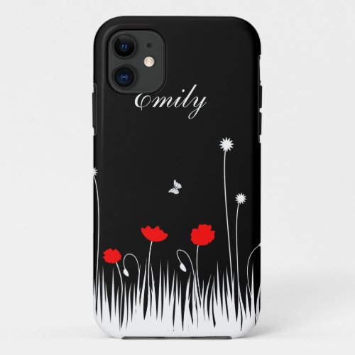 Red poppies black background iPhone 11 case