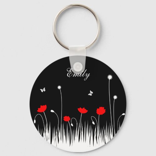 Red poppies black background keychain