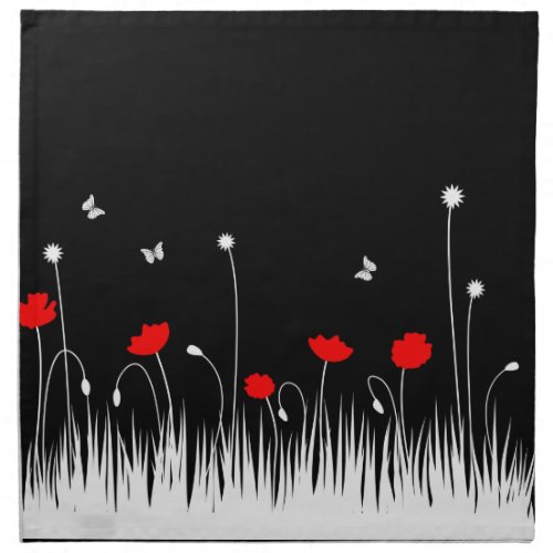 Red poppies black background napkin