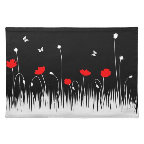 Red poppies black background placemat
