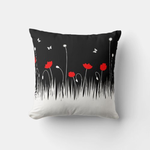 Red poppies black background throw pillow