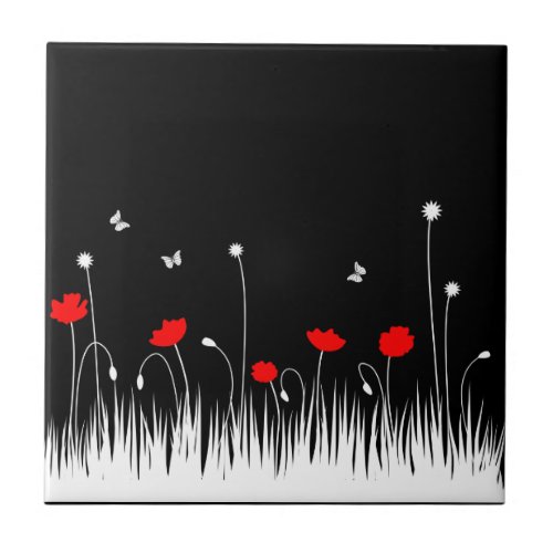Red poppies black background tile