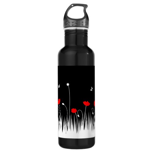 Red poppies black background water bottle