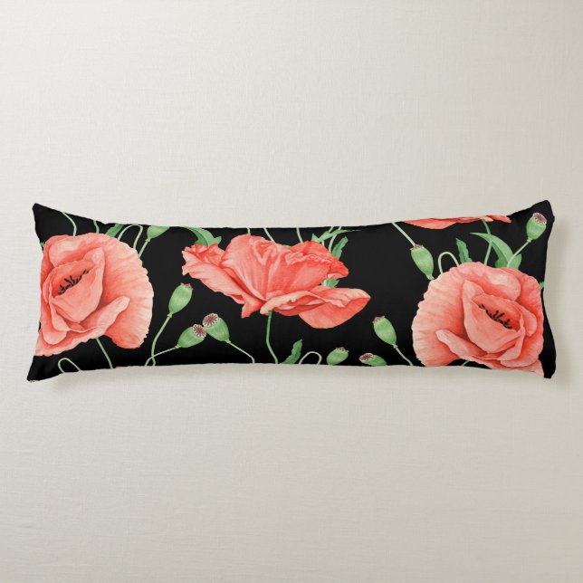 Red Poppies Black Stripes Chic Body Pillow (Front)