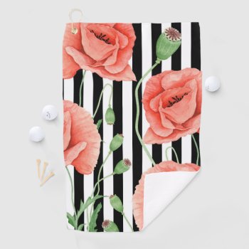 Red Poppies Black Stripes Chic Golf Towel by EveyArtStore at Zazzle