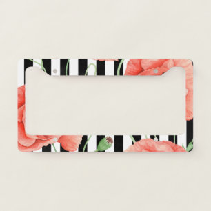Red Poppies Black Stripes Chic License Plate Frame