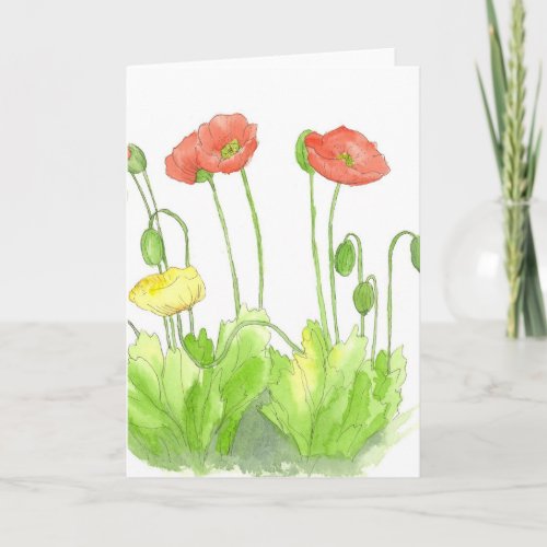 Red Poppies Blank Note Card Watercolor Wildflower