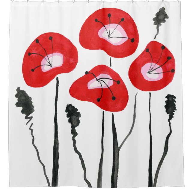 Red Poppies Boho Modern Bathroom Decor Shower Curtain (Front)