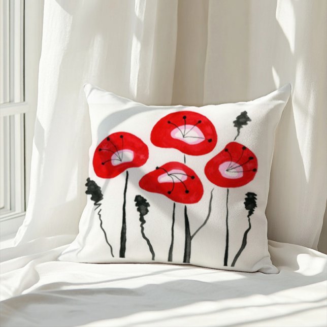 Red Poppies Boho Modern Floral Pattern Throw Pillow (Creator Uploaded)