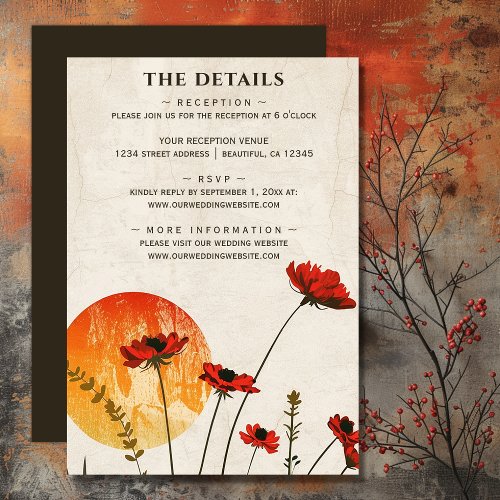 Red Poppies Boho Wildflower Sunset Wedding Details Enclosure Card
