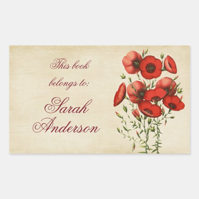Red Poppies Book plate Stickers This Belongs To (Front)