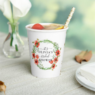 Red Poppies Botanical Bridal Shower Paper Cups