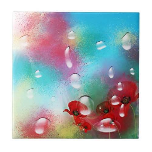 Red Poppies Bouquet Water Drops Paint Spray Art Ceramic Tile