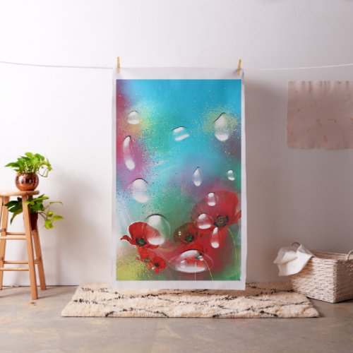 Red Poppies Bouquet Water Drops Paint Spray Art Fabric