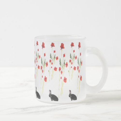 Red Poppies Bunny Rabbit Floral Frosted Glass Coffee Mug