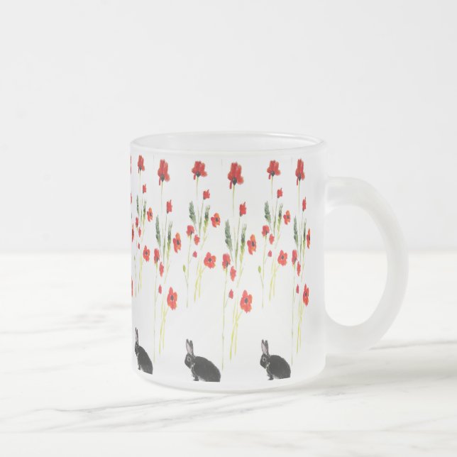 Red Poppies Bunny Rabbit Floral Frosted Glass Coffee Mug (Right)