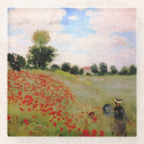 Red Poppies by Monet _ Poppy Field Parasol Woman Glass Coaster