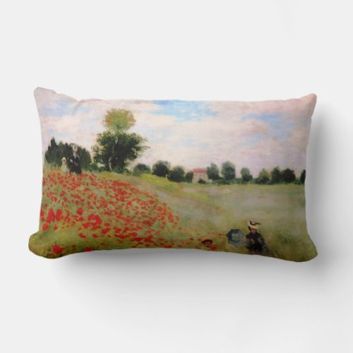 Red Poppies by Monet _ Poppy Field Parasol Woman Lumbar Pillow