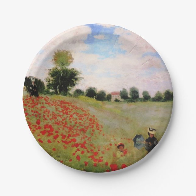 Red Poppies by Monet - Poppy Field Parasol Woman  Paper Plates (Front)