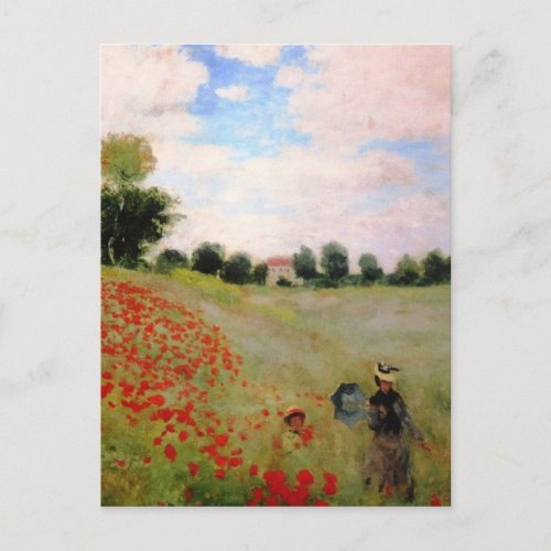 Red Poppies by Monet _ Poppy Field Parasol Woman Postcard