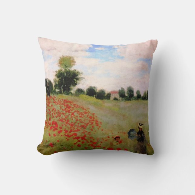 Red Poppies by Monet - Poppy Field Parasol Woman Throw Pillow (Front)