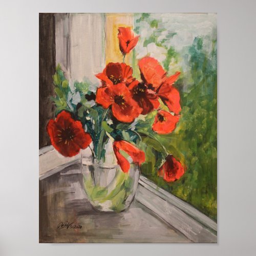 Red poppies by window poster