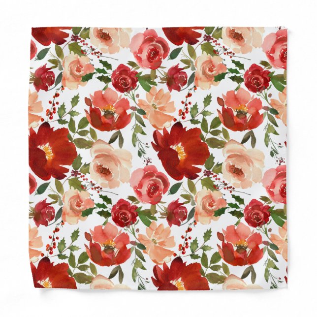 Red Poppies Cream Roses Floral Pocket Square Bandana (Front)