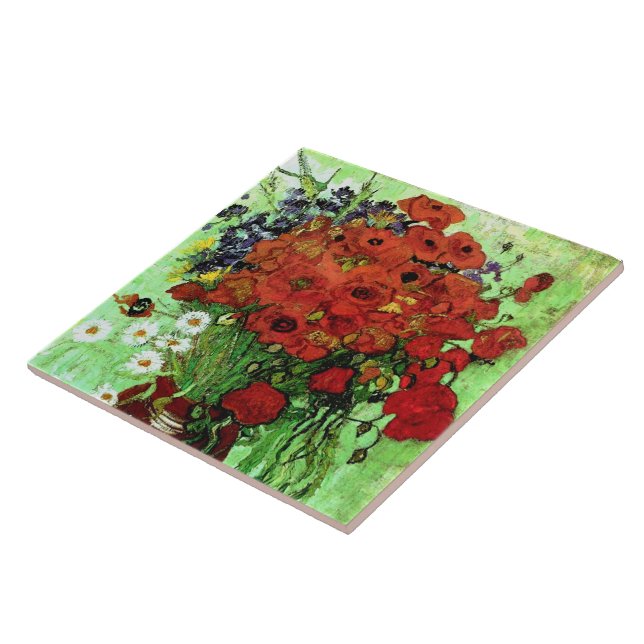 Red Poppies & Daisies Van Gogh Fine Art Ceramic Tile (Side)
