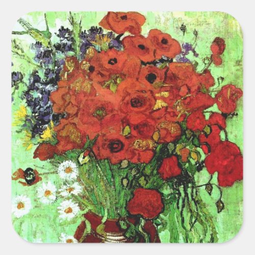 Red Poppies  Daisies Van Gogh Fine Art Square Sticker