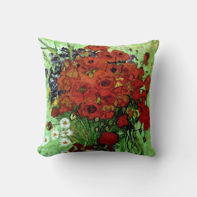 Red Poppies & Daisies Van Gogh Fine Art Throw Pillow (Front)